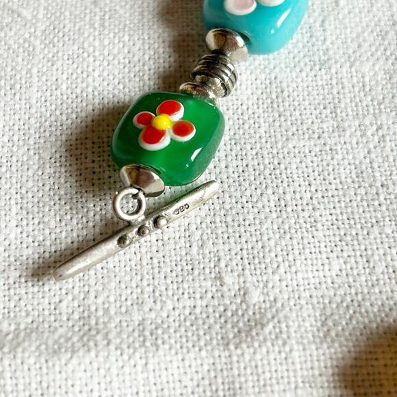 Colorful Square Flower Glass Beaded Bracelet 925 Sterling Clasp - Picture 4 of 11